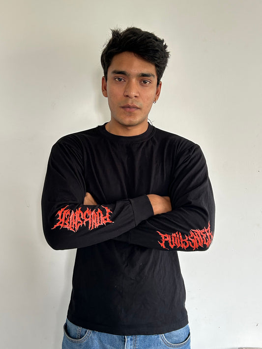 black, long-sleeved T-shirt with red text on the sleeves